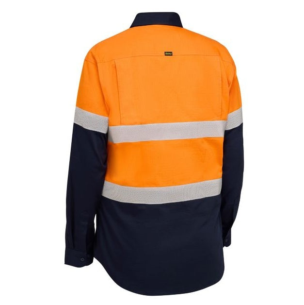 Back view of an orange and navy work shirt with reflective stripes on a white background