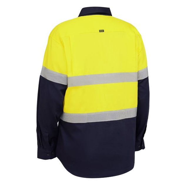 Back view of a yellow and navy work shirt with reflective stripes on a white background