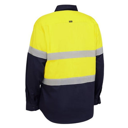 Back view of a yellow and navy work shirt with reflective stripes on a white background