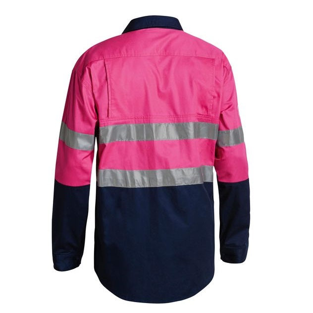 Pink and navy work shirt with reflective stripes on a white background