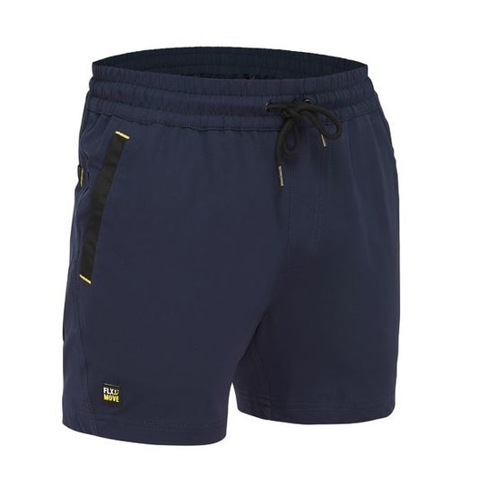 A pair of black Bisley Flex&Move 4-way stretch elastic waist shorts with side and back welt pockets, featuring a drawstring waistband and yellow accents.