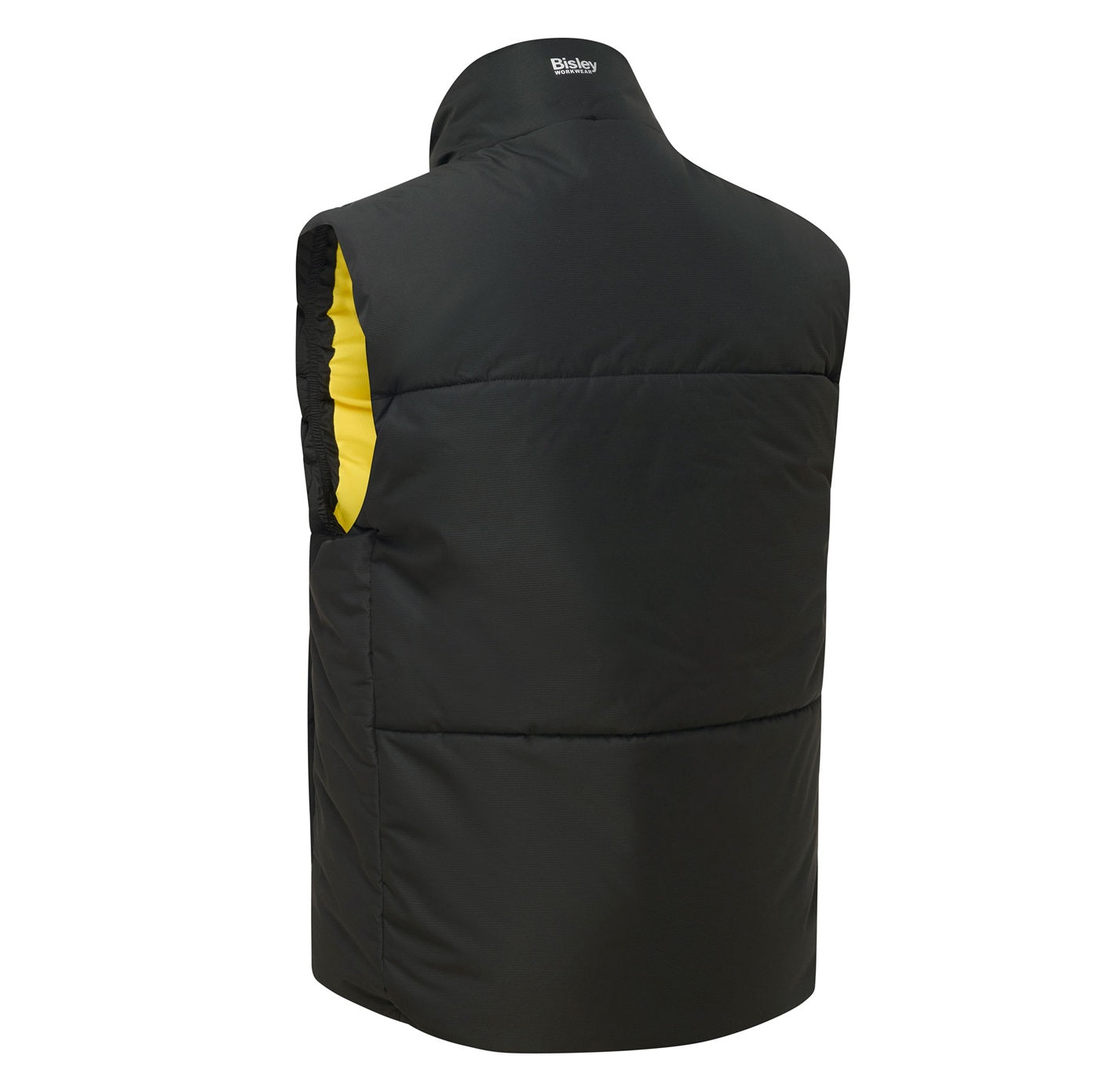 Black puffer vest with yellow lining on a white background