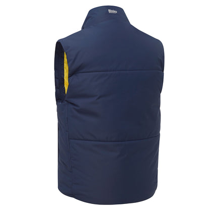Navy blue vest with yellow lining on a white background