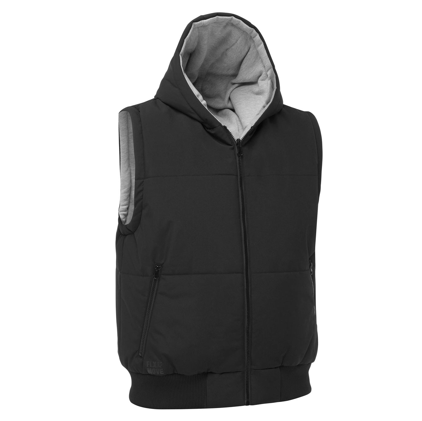 Black hooded vest with gray lining on a white background