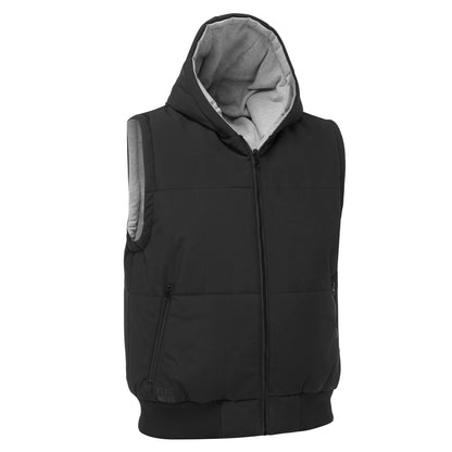 Black hooded vest with gray lining on a white background