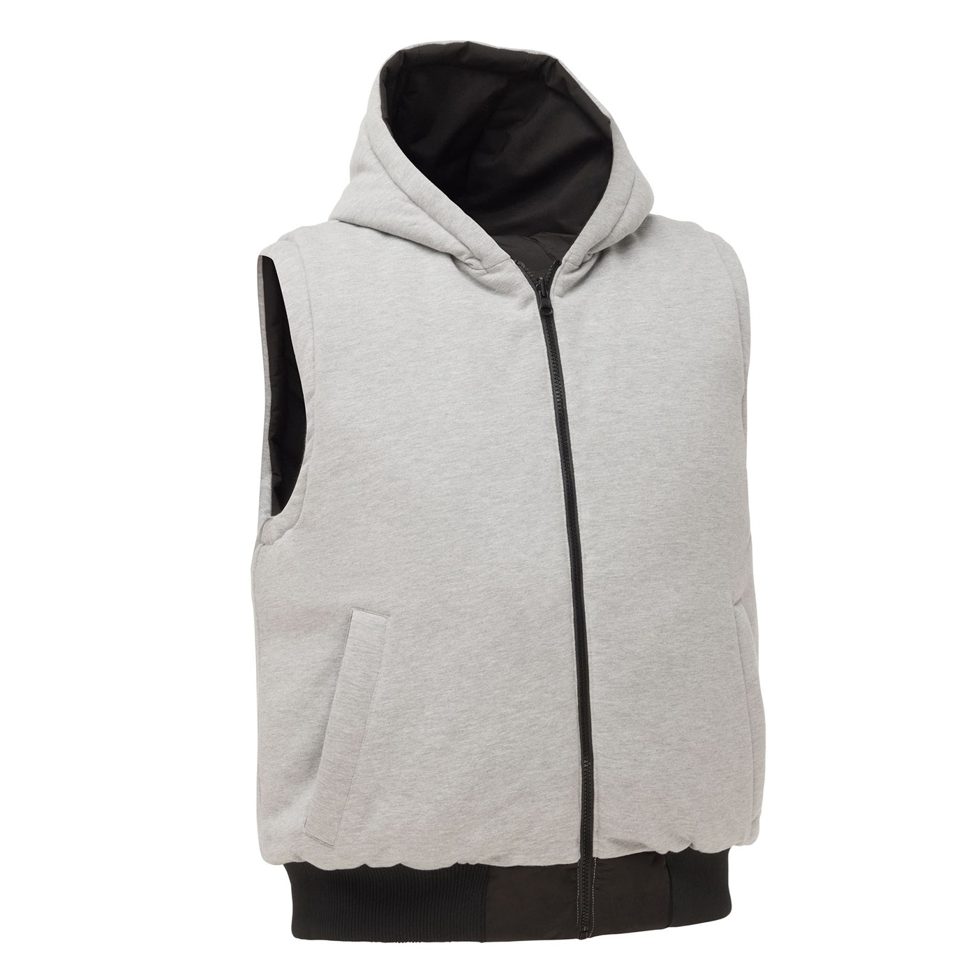 Gray hooded vest with black trim on a white background