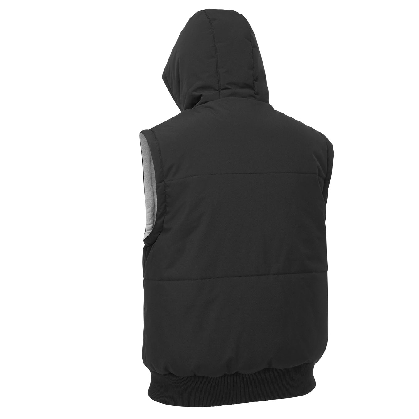 Black hooded vest on a white background
