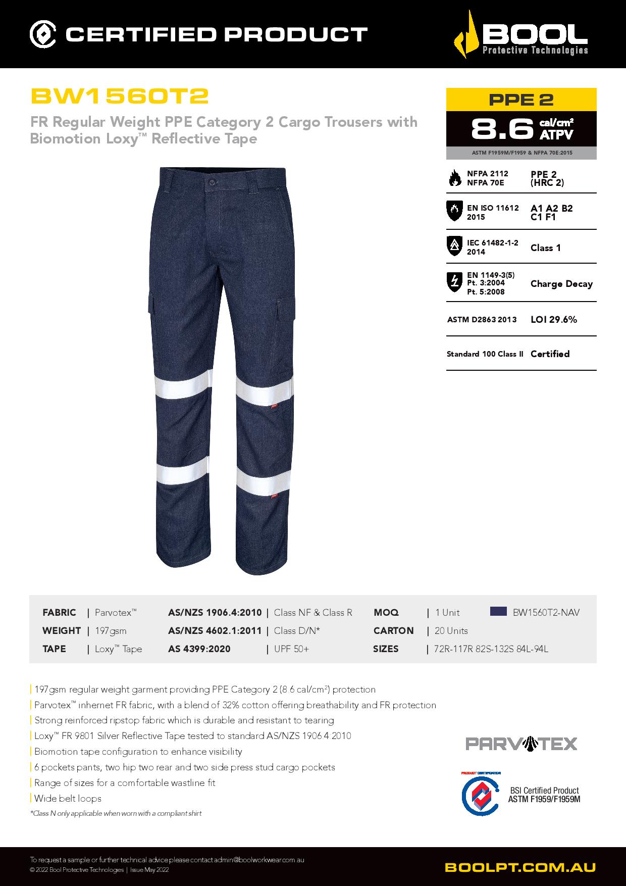 Bool BW1560T2 Regular Weight PPE2 FR Cargo Pants with Loxy™ Reflective Tape
