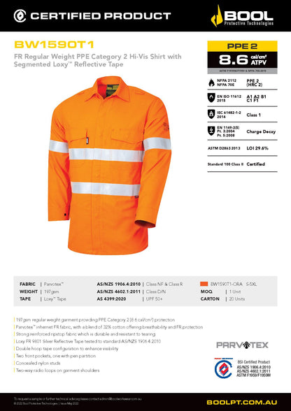 Bool BW1590T1 Reg Weight PPE2 FR Shirt with Loxy™ Reflective Tape