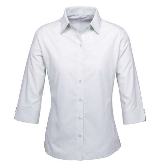 Womens Silver Grey flattering semi-fitted shape 3/4 sleeves, professional appearance, Rounded cuffs, stylish, modern finish, Easy-care fabric is wrinkle resistant, shrink resistant and easy to iron, Refined corporate look
Excellent UPF 50+ sun protection. ladies business shirt, 3/4 sleeve business shirt, corporate uniform shirt, office shirt.