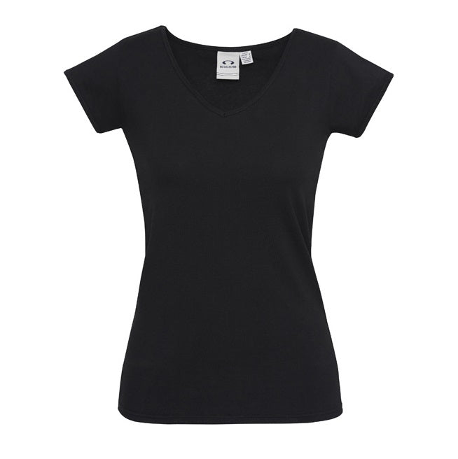 Womens Black Cotton Elastane stretch fabric, cap sleeves, Long body length, UPF 50+ sun protection, Modern fit, ladies v-neck tee, women's stretch t-shirt, cotton elastane tee, black work tee, corporate uniform
