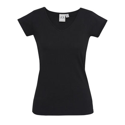 Womens Black Cotton Elastane stretch fabric, cap sleeves, Long body length, UPF 50+ sun protection, Modern fit, ladies v-neck tee, women's stretch t-shirt, cotton elastane tee, black work tee, corporate uniform