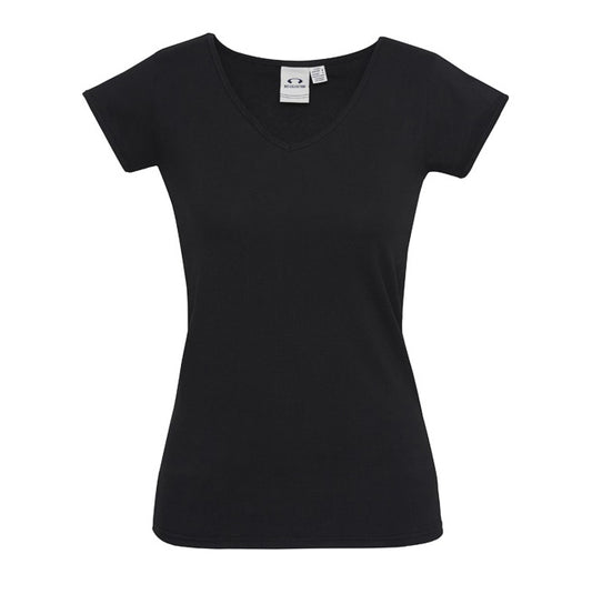 Womens Black Cotton Elastane stretch fabric, cap sleeves, Long body length, UPF 50+ sun protection, Modern fit, ladies v-neck tee, women's stretch t-shirt, cotton elastane tee, black work tee, corporate uniform