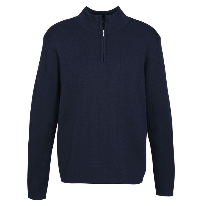 Mens modern fit jumper, business attire, navy zip up high neck merino wool durable machine washable corporate professional business winter wear Biz Collection WP10310 Mens 80/20 Knit Pullover low pill knitwear