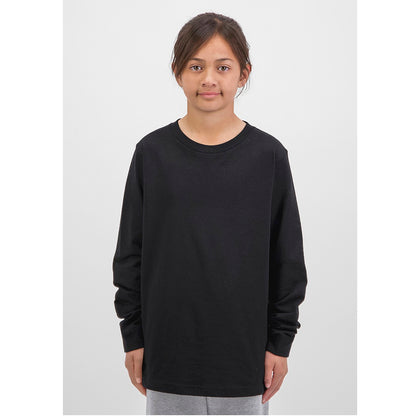 Person wearing a black long-sleeve shirt on a white background