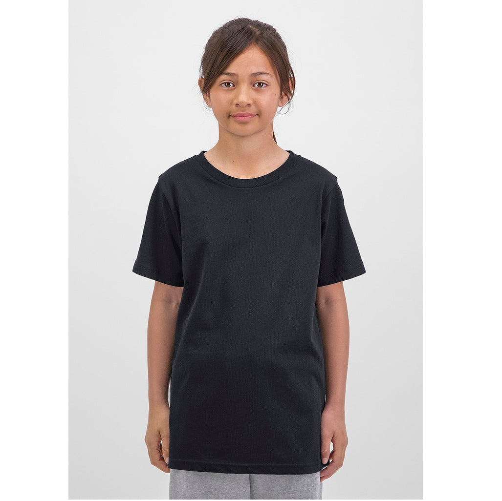 Person wearing a black t-shirt on a white background