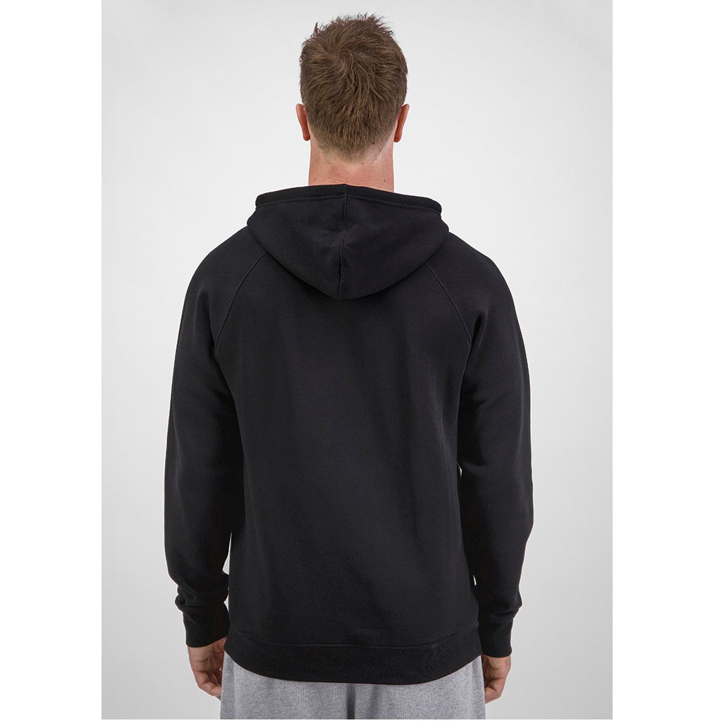 Person wearing a black hoodie from behind on a white background