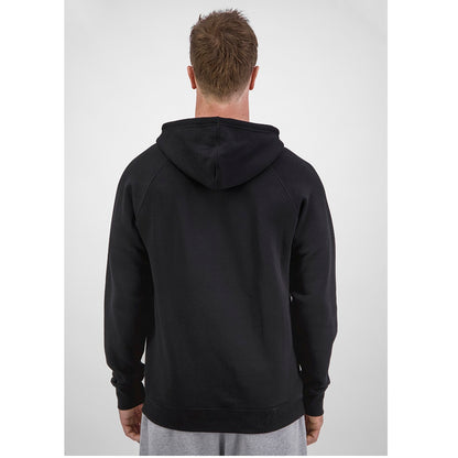 Person wearing a black hoodie from behind on a white background