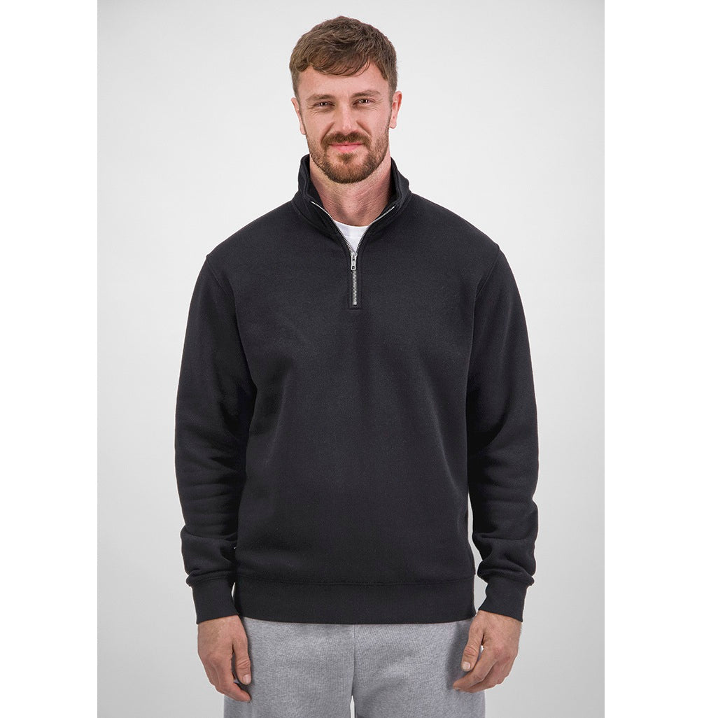 Man wearing a black quarter-zip sweatshirt on a white background