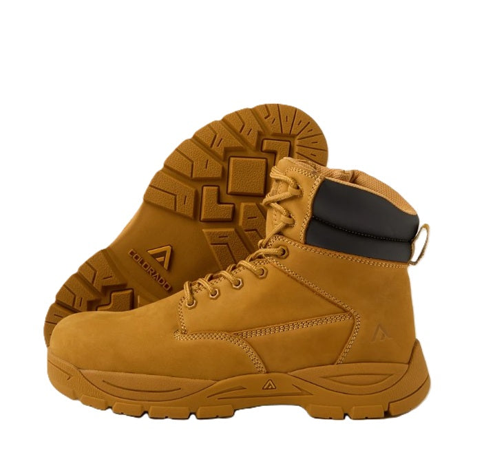 Pair of tan work boots with black lining on a white background