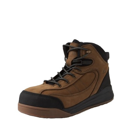 Brown and black hiking boot on a white background