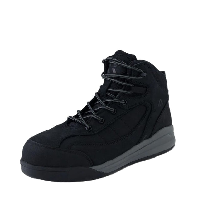 Black high-top safety toe sneaker on a white background