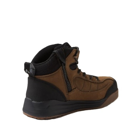 Brown and black safety boot on a white background