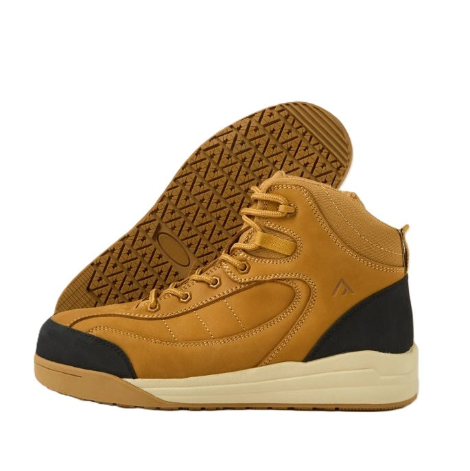 Tan high-top sneaker with black heel and sole on a white background