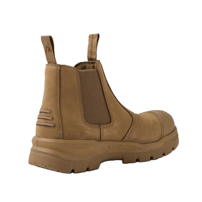 Tan work boot with a white background