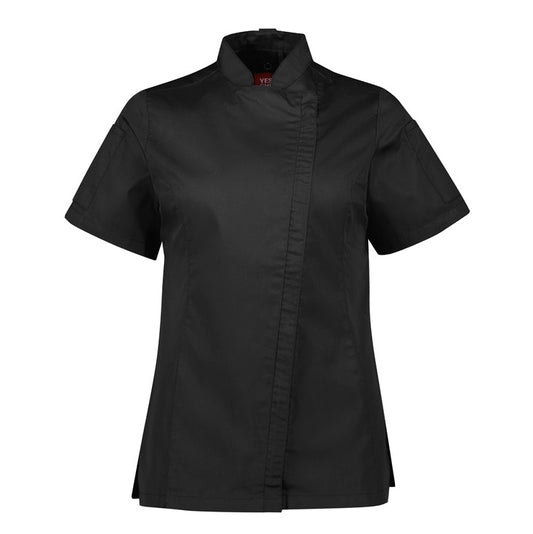 Black womens concealed zip lightweight twill Biz Collection CH330LS Womens Alfresco Short Sleeve Chef Jacket