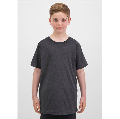 Child wearing a dark gray t-shirt on a white background