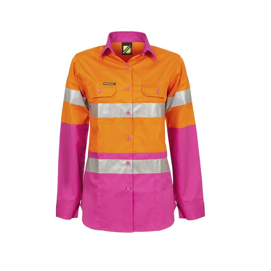A long sleeve, two-tone hi-vis shirt with orange and pink colors and reflective silver stripes on the sleeves and chest.