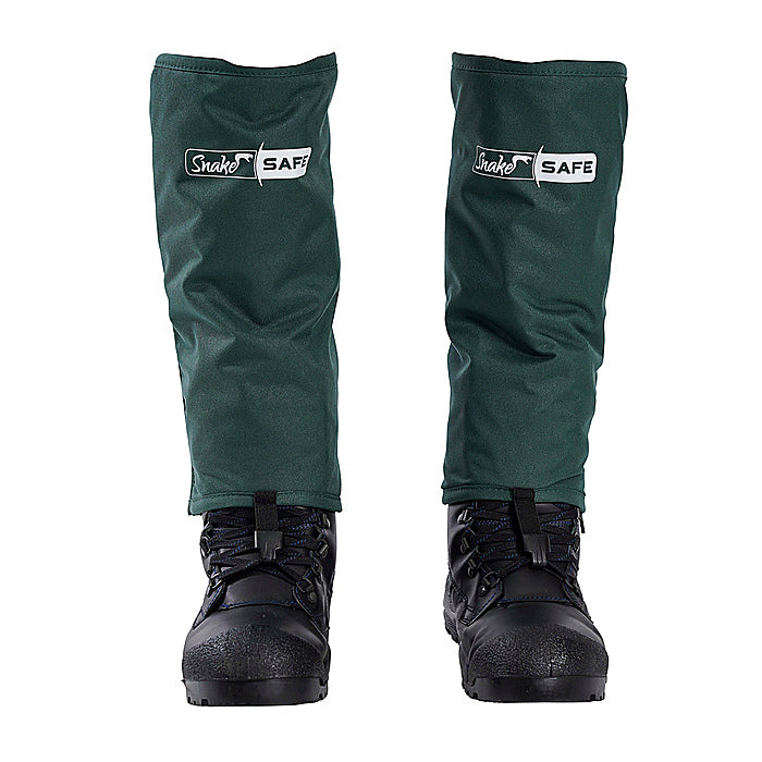 Green SnakeSafe boot covers with 
coverage from the knee to ankle with lace hooks to secure over boots - front view Clogger SSG31 SnakeSafe Snake Gaiters