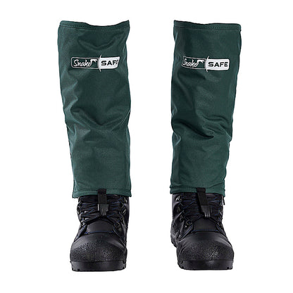 Green SnakeSafe boot covers with 
coverage from the knee to ankle with lace hooks to secure over boots - front view Clogger SSG31 SnakeSafe Snake Gaiters