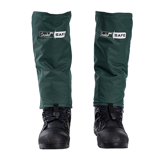 Green SnakeSafe boot covers with 
coverage from the knee to ankle with lace hooks to secure over boots - front view Clogger SSG31 SnakeSafe Snake Gaiters