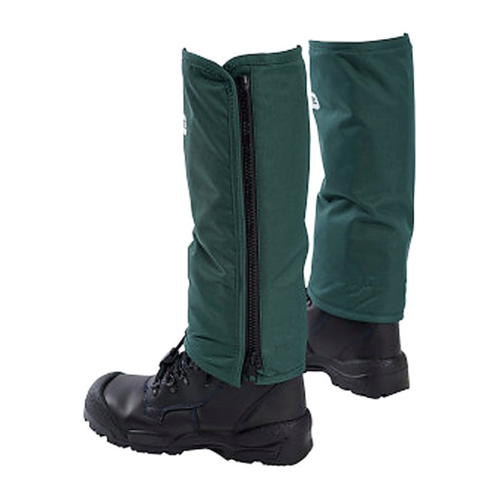 A pair of dark green waterproof gaiters with front zippers, shown on black boots against a plain white background. Clogger SSG31 SnakeSafe Snake Gaiters