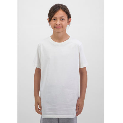 Child wearing a plain white t-shirt on a light gray background