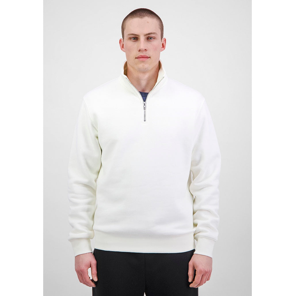 Man wearing a white half-zip sweater on a plain background