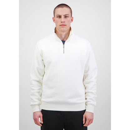 Man wearing a white half-zip sweater on a plain background