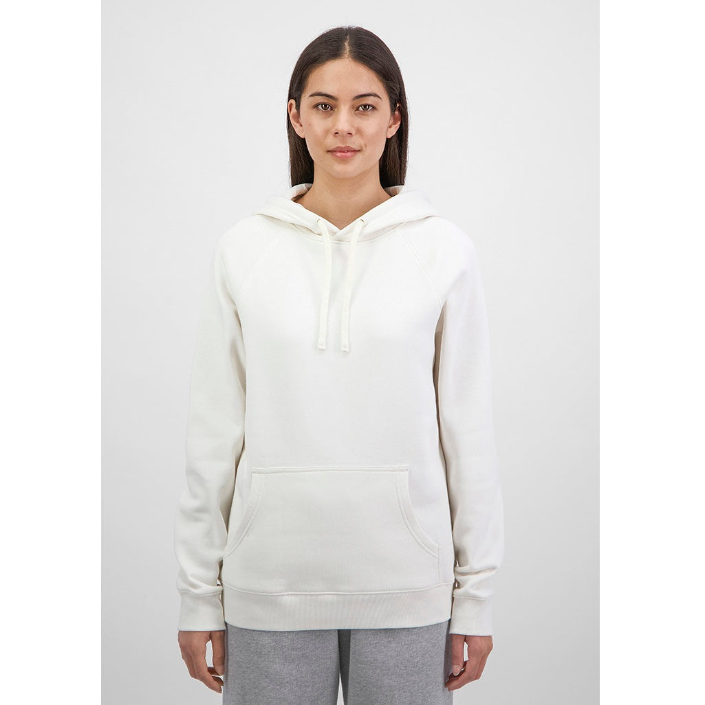 Person wearing a white hoodie and gray pants on a white background