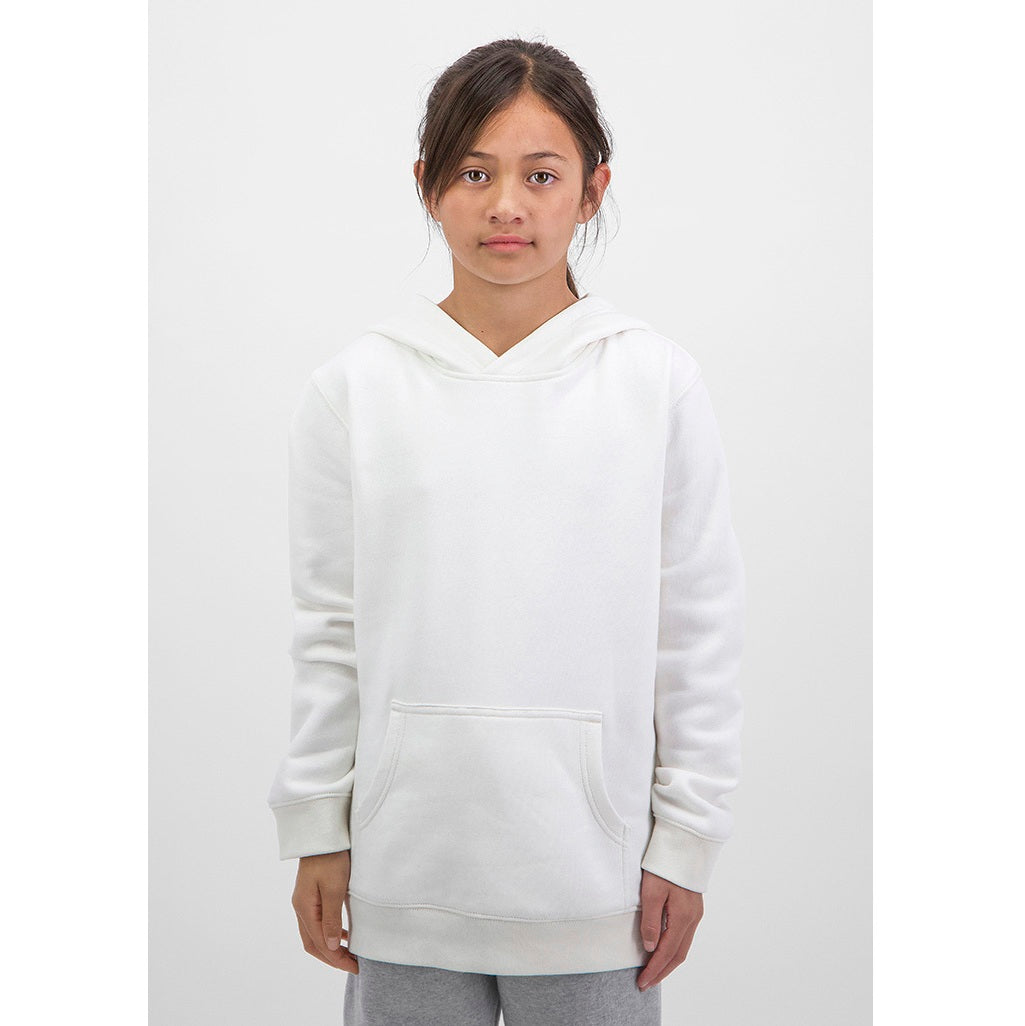 Person wearing a plain white hoodie on a light gray background