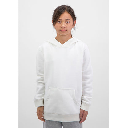 Person wearing a plain white hoodie on a light gray background