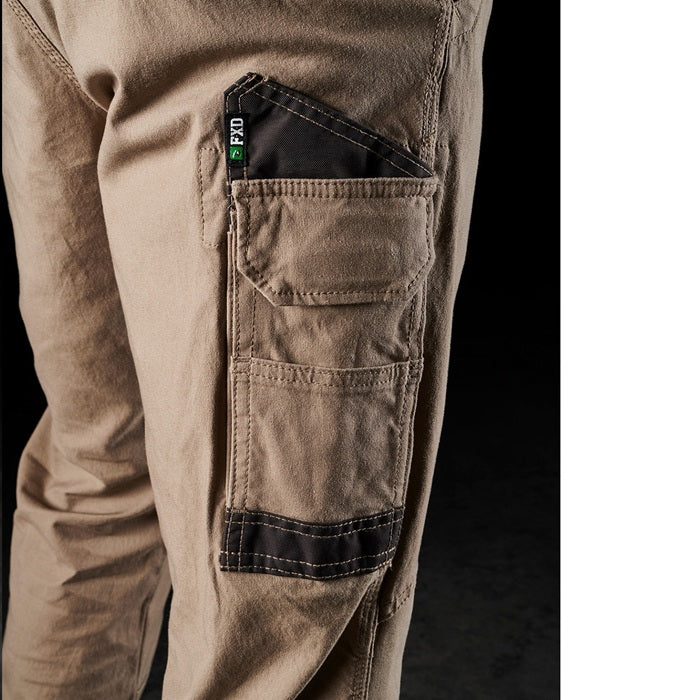 FXD WP-3 Stretch Work Pant close up of colour detail tan, khaki cargos pockets