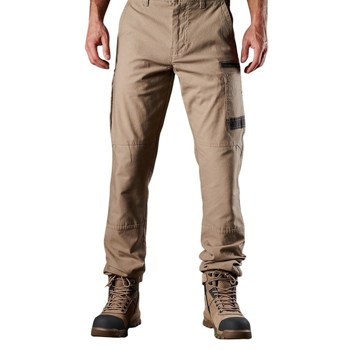 Mens khaki tan side pockets, modern fit cargo pants FXD WP-3 Stretch Work Pant, main front view