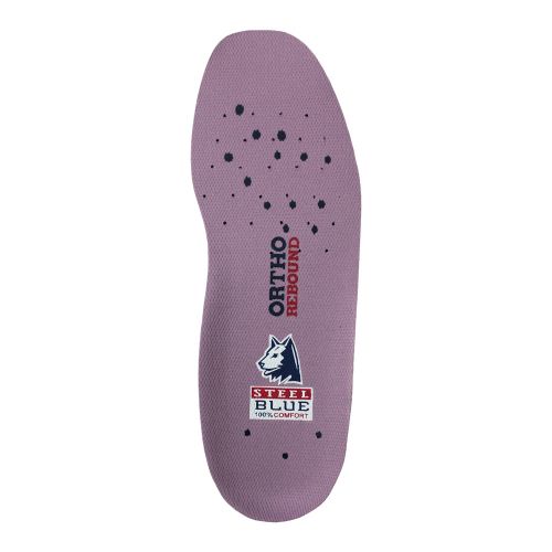 Purple orthopedic insole with branding on a white background