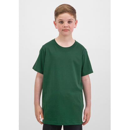 Child wearing a green t-shirt against a white background