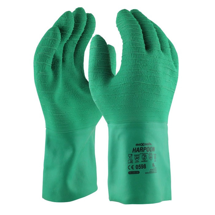 Maxisafe GLL229 Harpoon Green Latex Glove - Palm and Back View