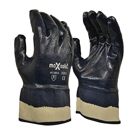Maxisafe GNB131 Blue Knight Safety Cuff Fully Coated Nitrile Glove - Black/Beige - Palm and Back View