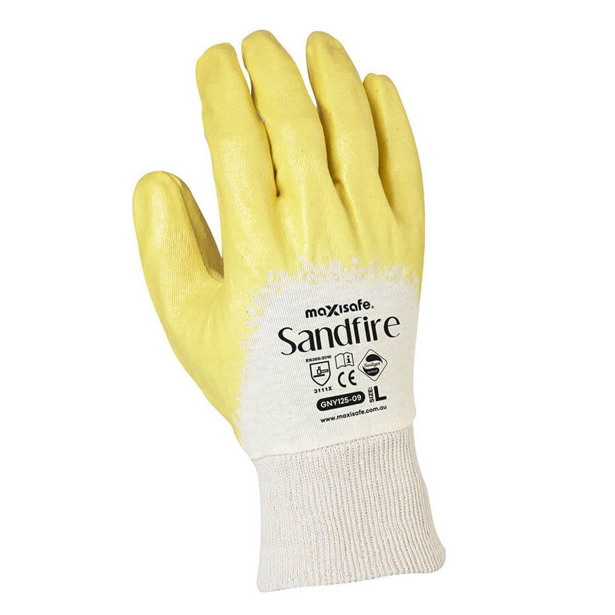 Maxisafe GNY125 Sandfire Nitrile Glove - Yellow/White - Back-of-Hand View