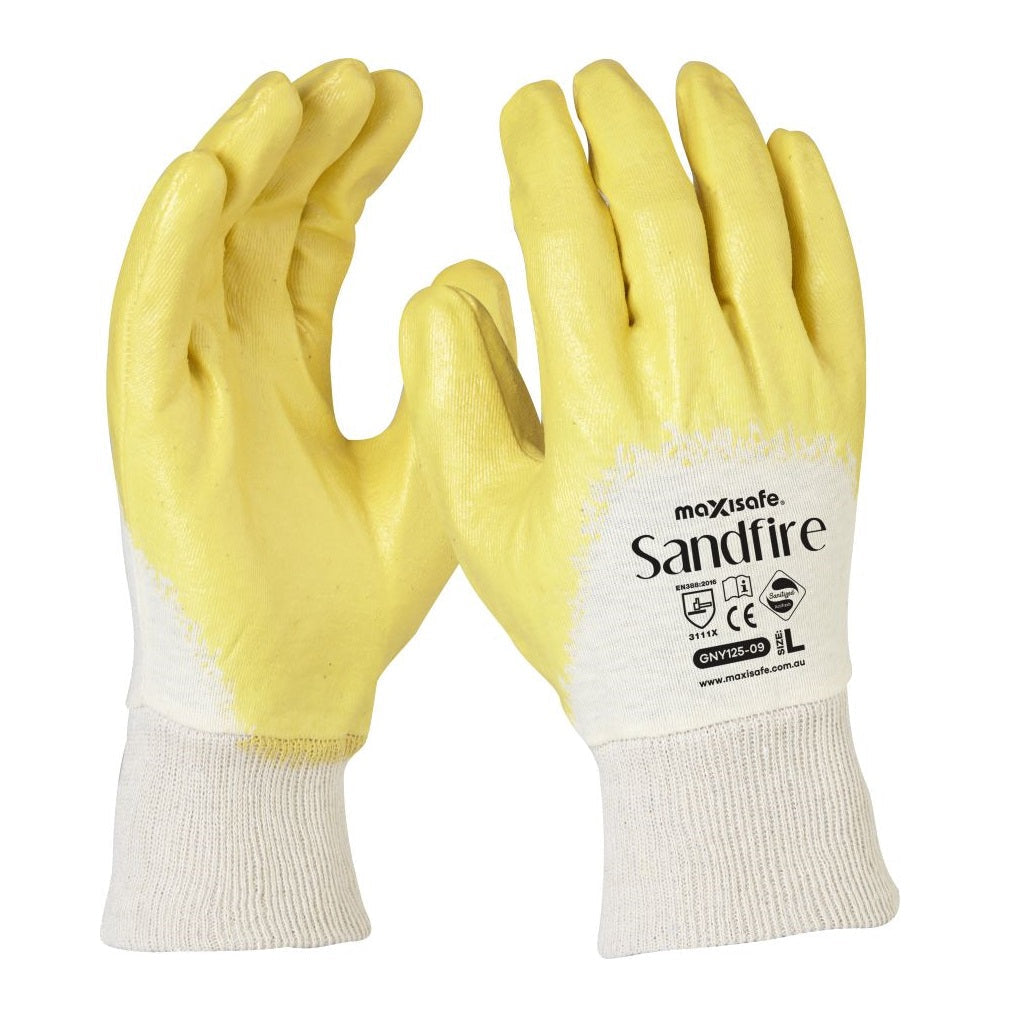Maxisafe GNY125 Sandfire Nitrile Glove - Yellow/White - Palm and Back View